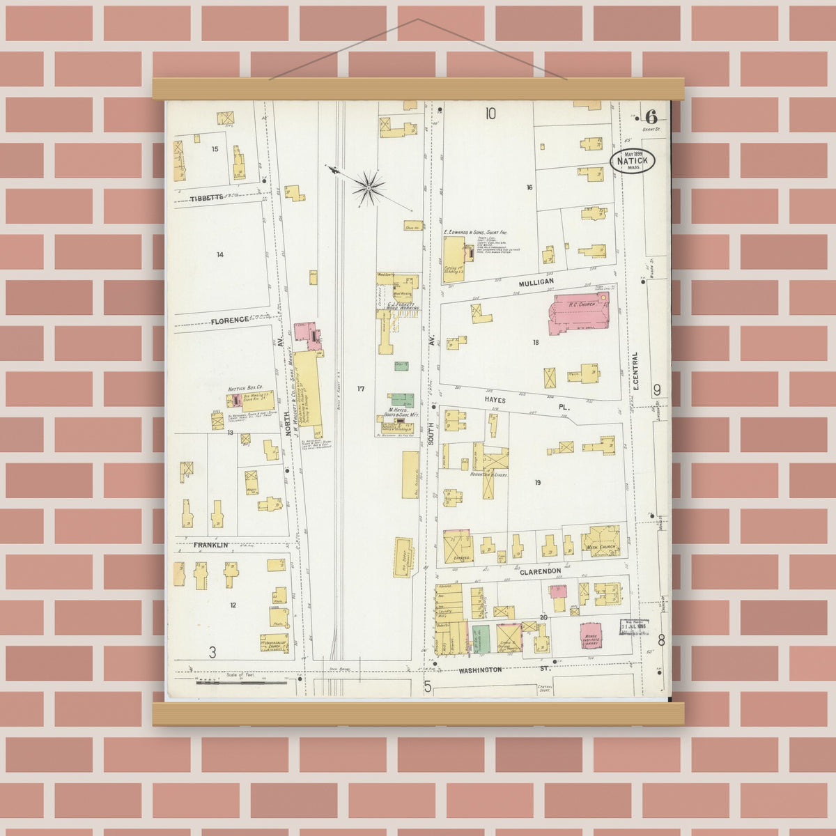 Old map wall art mockup — magnetic wood frame on brick wall — Sanborn Fire Insurance Map from Natick, Middlesex County, Massachusetts (1899), Sheet #0006