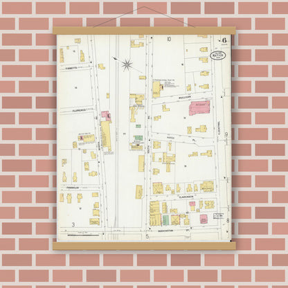 Old map wall art mockup — magnetic wood frame on brick wall — Sanborn Fire Insurance Map from Natick, Middlesex County, Massachusetts (1899), Sheet #0006