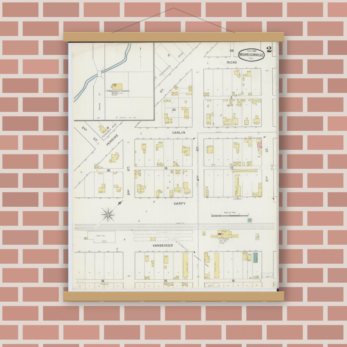 Old map wall art mockup — magnetic wood frame on brick wall — Sanborn Fire Insurance Map from Morrisonville, Christian County, Illinois (1894), Sheet #0002