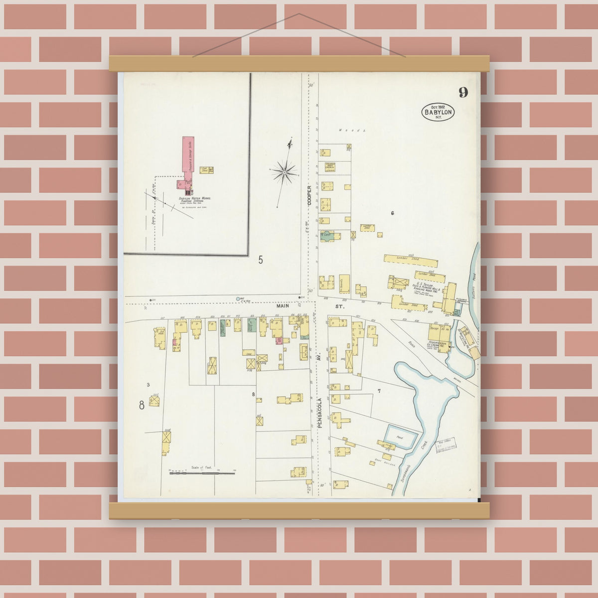 Old map wall art mockup — magnetic wood frame on brick wall — Sanborn Fire Insurance Map from Babylon, Suffolk County, New York (1902), Sheet #0009