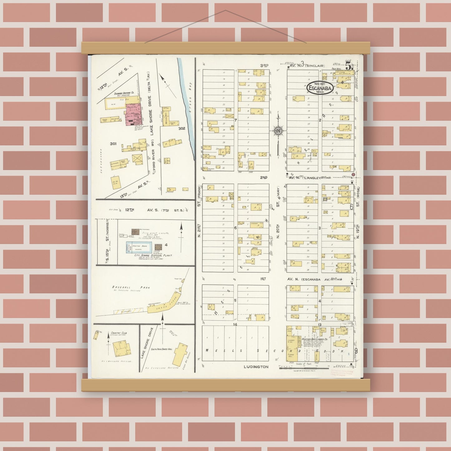 Old map wall art mockup — magnetic wood frame on brick wall — Sanborn Fire Insurance Map from Escanaba, Delta County, Michigan (1921), Sheet #0005
