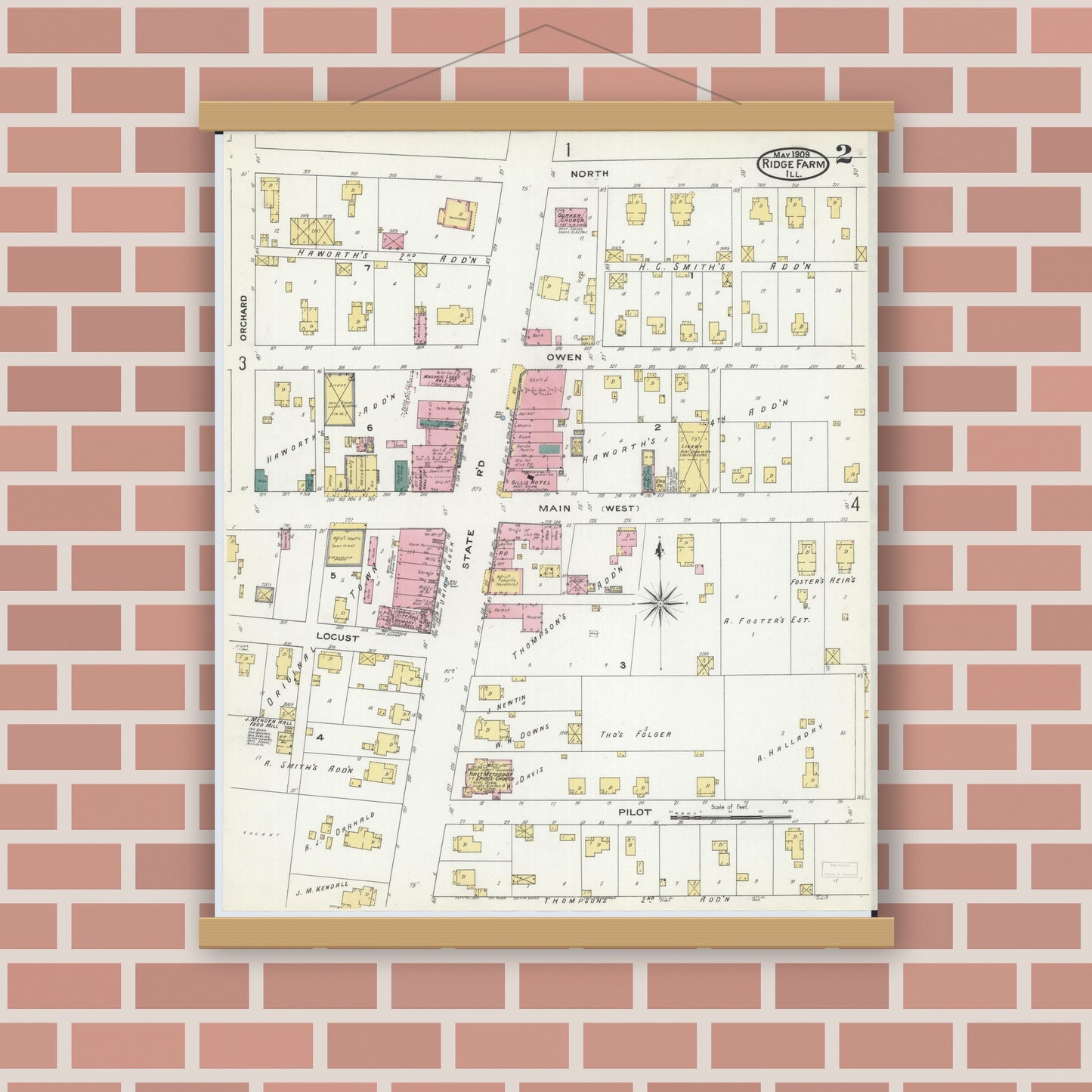 Old map wall art mockup — magnetic wood frame on brick wall — Sanborn Fire Insurance Map from Ridge Farm, Vermilion County, Illinois (1909), Sheet #0002