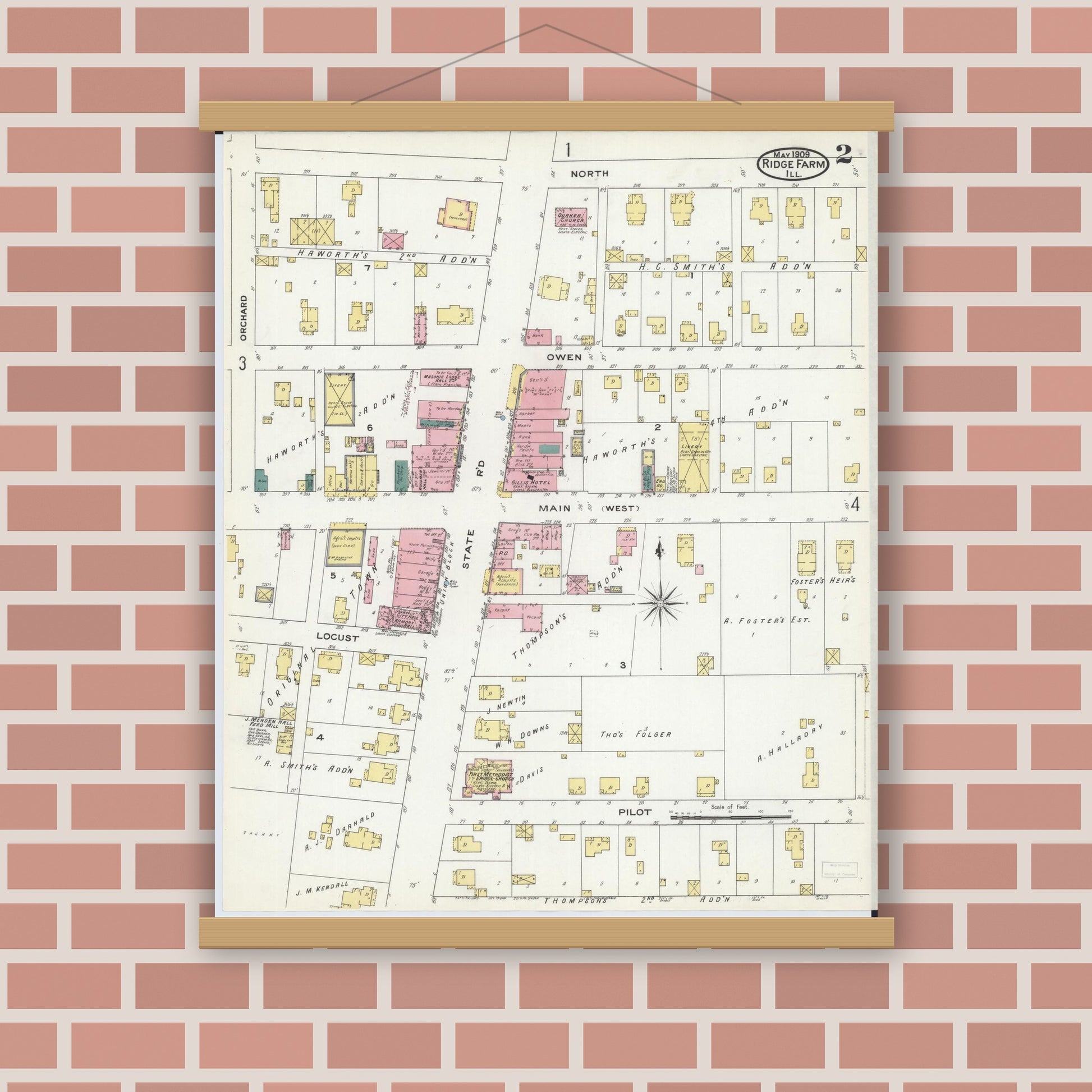 Old map wall art mockup — magnetic wood frame on brick wall — Sanborn Fire Insurance Map from Ridge Farm, Vermilion County, Illinois (1909), Sheet #0002