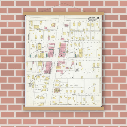 Old map wall art mockup — magnetic wood frame on brick wall — Sanborn Fire Insurance Map from Ridge Farm, Vermilion County, Illinois (1909), Sheet #0002