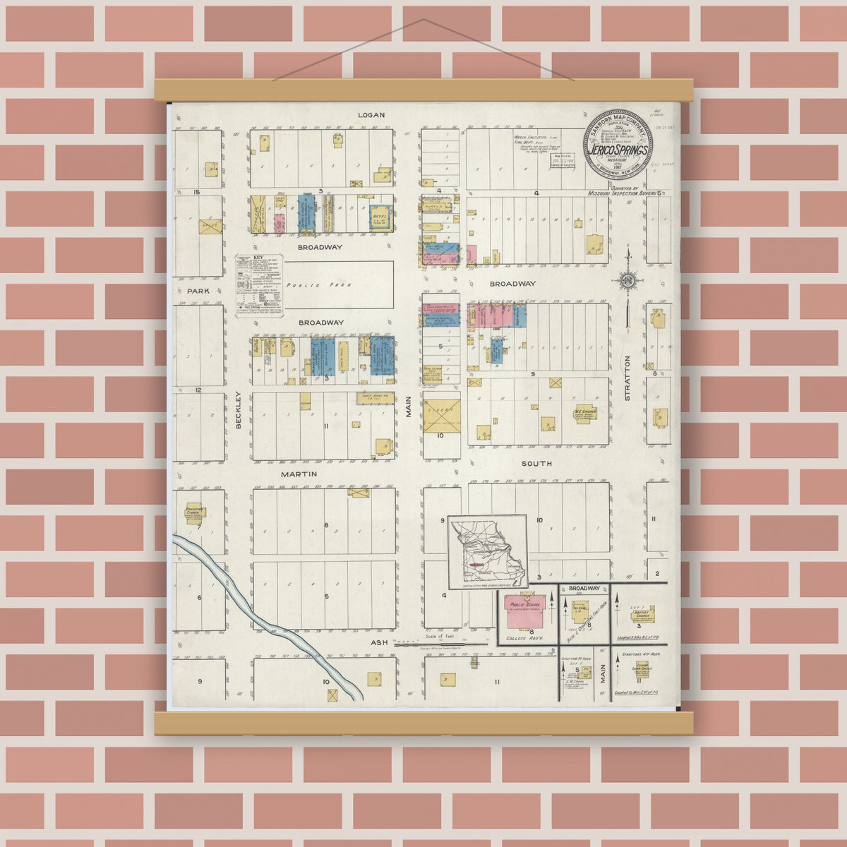 Old map wall art mockup — magnetic wood frame on brick wall — Sanborn Fire Insurance Map from Jerico Springs, Cedar County, Missouri (1917), Sheet #0001