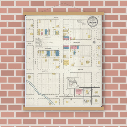 Old map wall art mockup — magnetic wood frame on brick wall — Sanborn Fire Insurance Map from Jerico Springs, Cedar County, Missouri (1917), Sheet #0001
