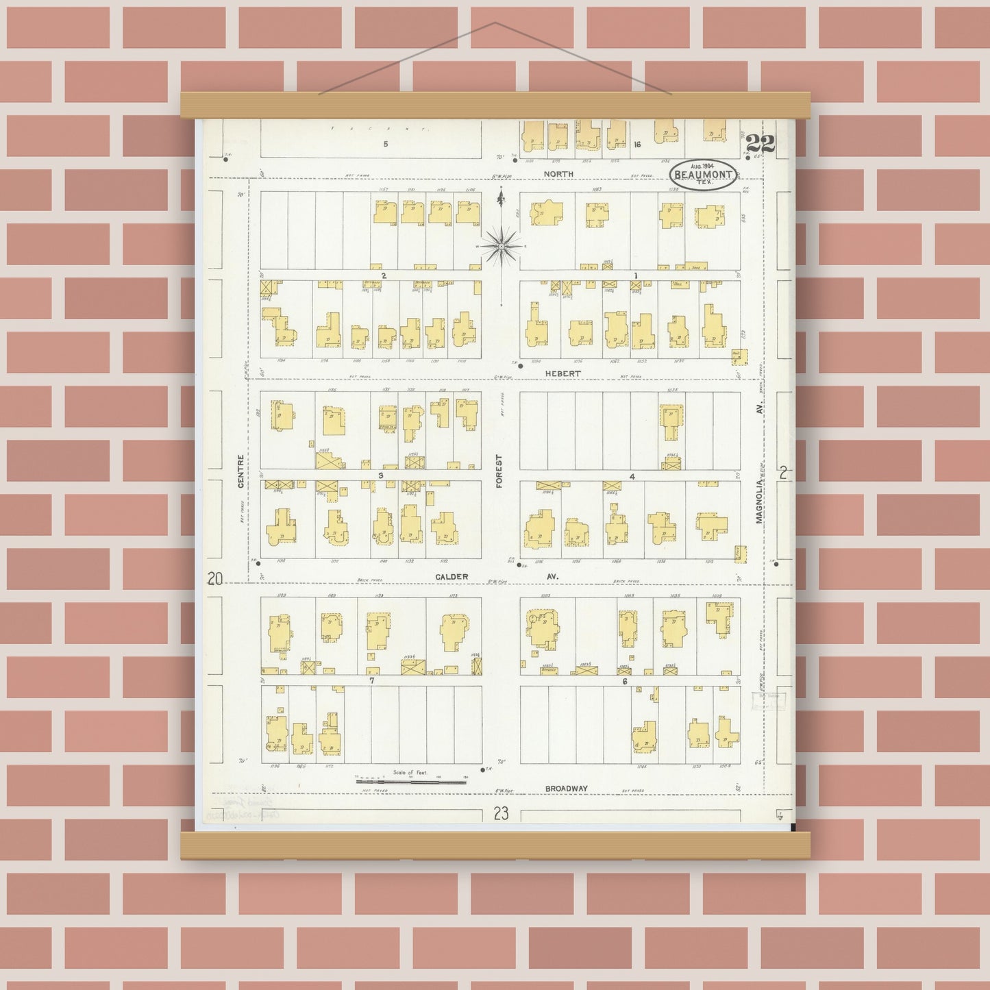 Old map wall art mockup — magnetic wood frame on brick wall — Sanborn Fire Insurance Map from Beaumont, Jefferson County, Texas (1904), Sheet #0022