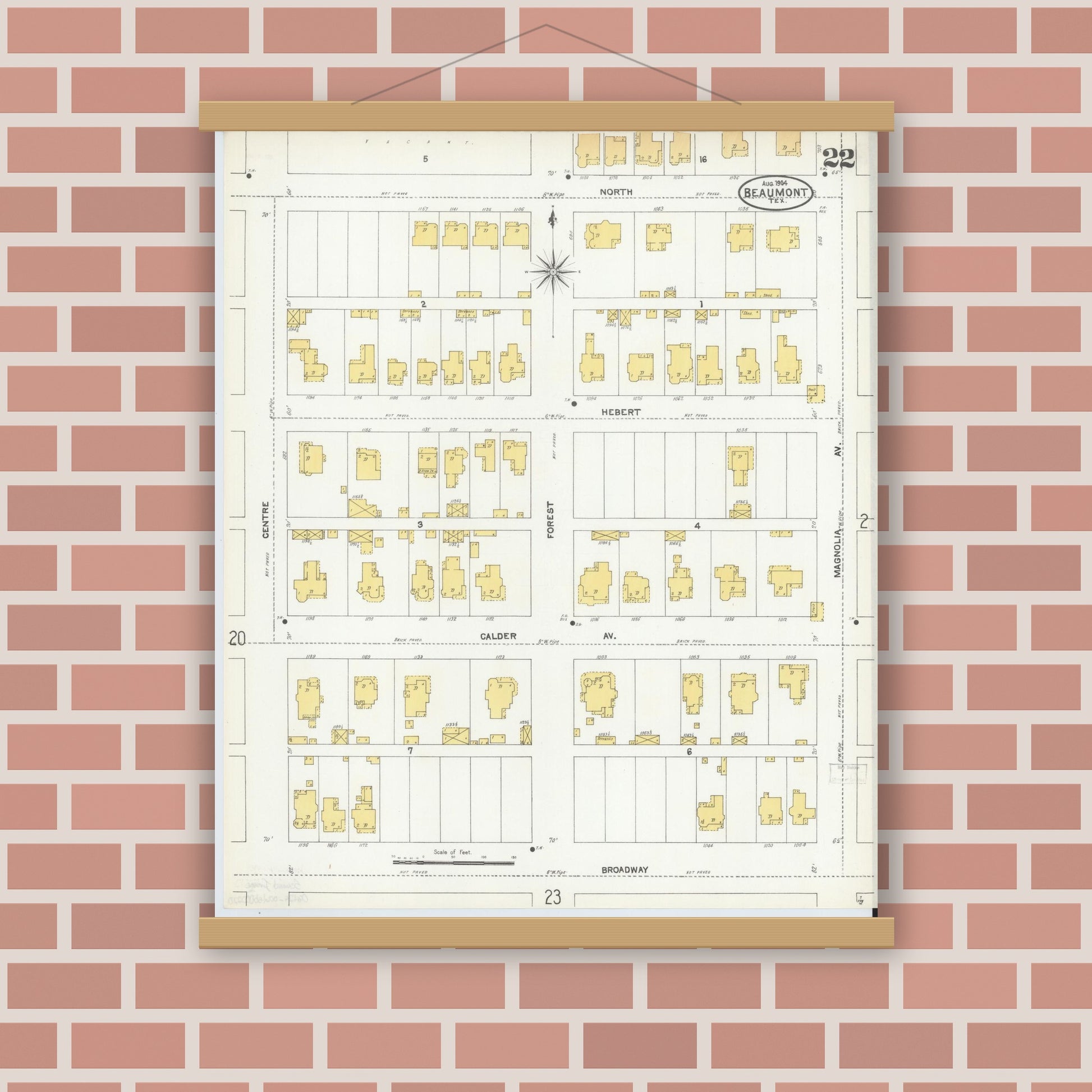 Old map wall art mockup — magnetic wood frame on brick wall — Sanborn Fire Insurance Map from Beaumont, Jefferson County, Texas (1904), Sheet #0022