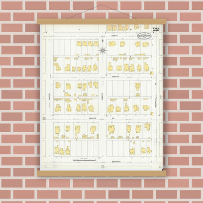 Old map wall art mockup — magnetic wood frame on brick wall — Sanborn Fire Insurance Map from Beaumont, Jefferson County, Texas (1904), Sheet #0022