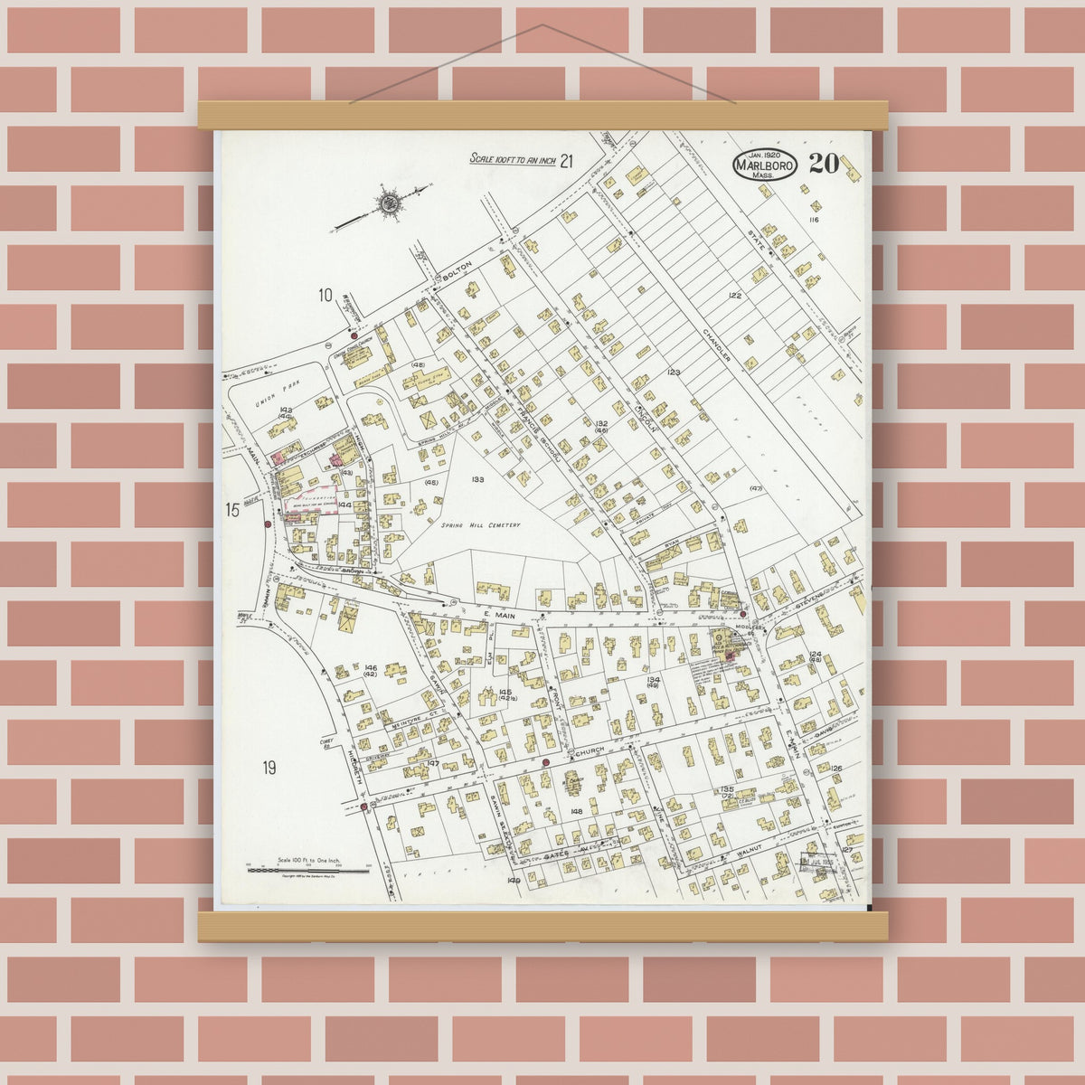 Old map wall art mockup — magnetic wood frame on brick wall — Sanborn Fire Insurance Map from Marlborough, Middlesex County, Massachusetts (1920), Sheet #0020