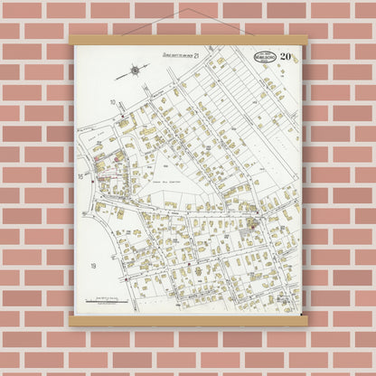 Old map wall art mockup — magnetic wood frame on brick wall — Sanborn Fire Insurance Map from Marlborough, Middlesex County, Massachusetts (1920), Sheet #0020