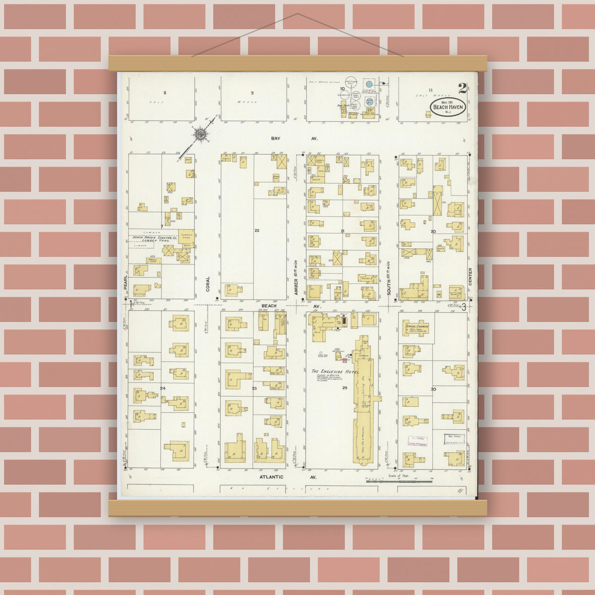Old map wall art mockup — magnetic wood frame on brick wall — Sanborn Fire Insurance Map from Beach Haven, Ocean County, New Jersey (1911), Sheet #0002
