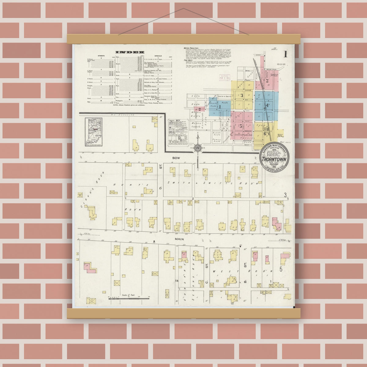 Old map wall art mockup — magnetic wood frame on brick wall — Sanborn Fire Insurance Map from Thorntown, Boone County, Indiana (1915) - Complete Map Set