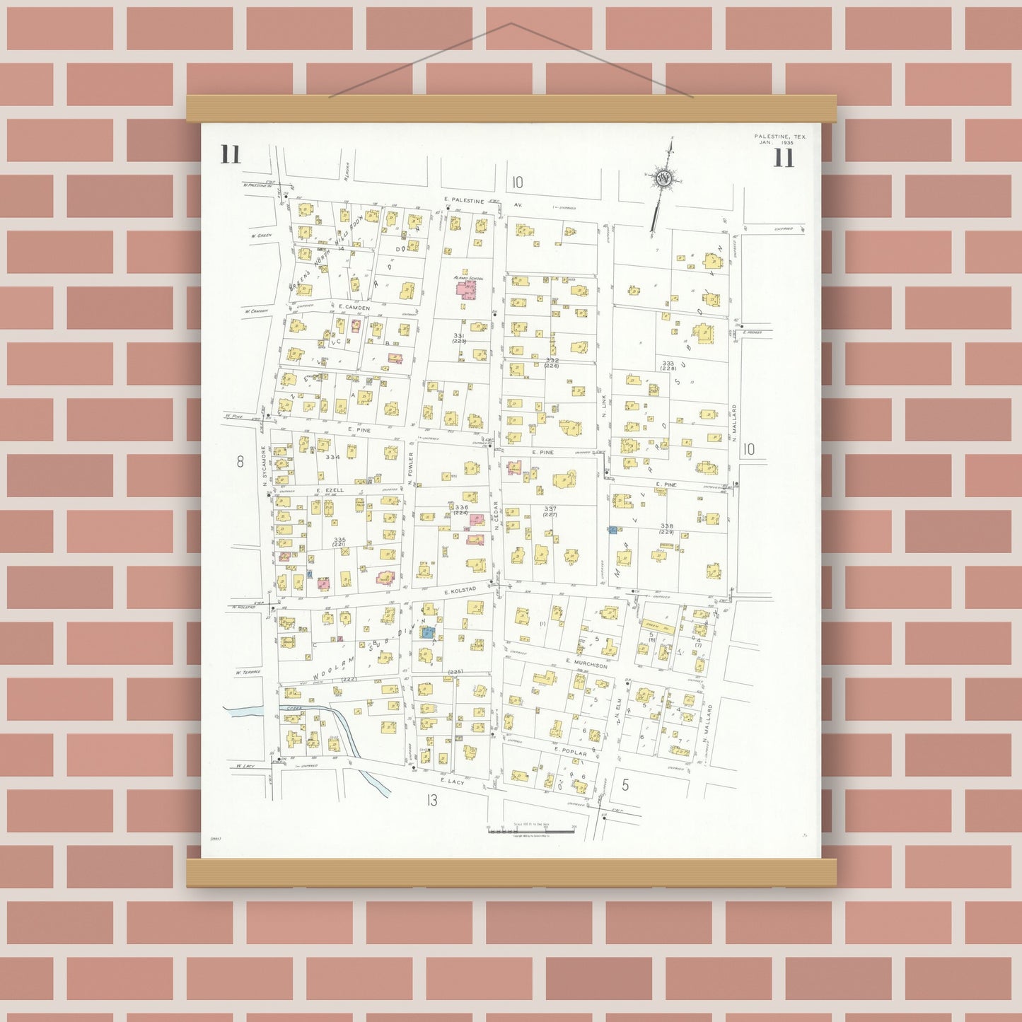 Old map wall art mockup — magnetic wood frame on brick wall — Sanborn Fire Insurance Map from Palestine, Anderson County, Texas (1935), Sheet #0011