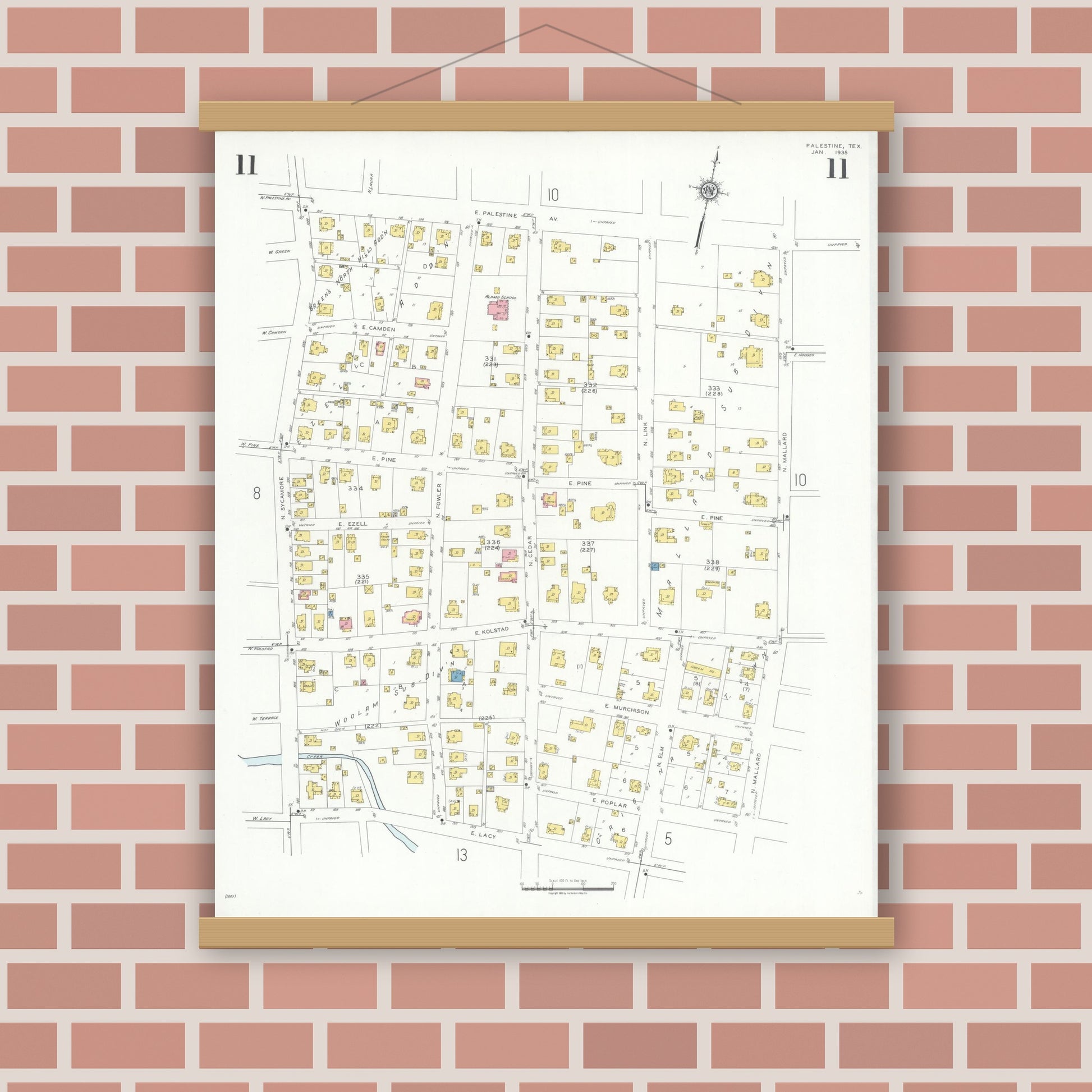Old map wall art mockup — magnetic wood frame on brick wall — Sanborn Fire Insurance Map from Palestine, Anderson County, Texas (1935), Sheet #0011