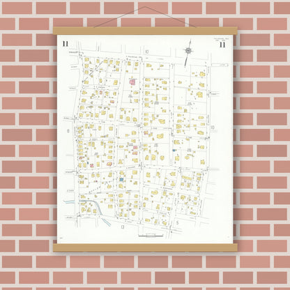 Old map wall art mockup — magnetic wood frame on brick wall — Sanborn Fire Insurance Map from Palestine, Anderson County, Texas (1935), Sheet #0011