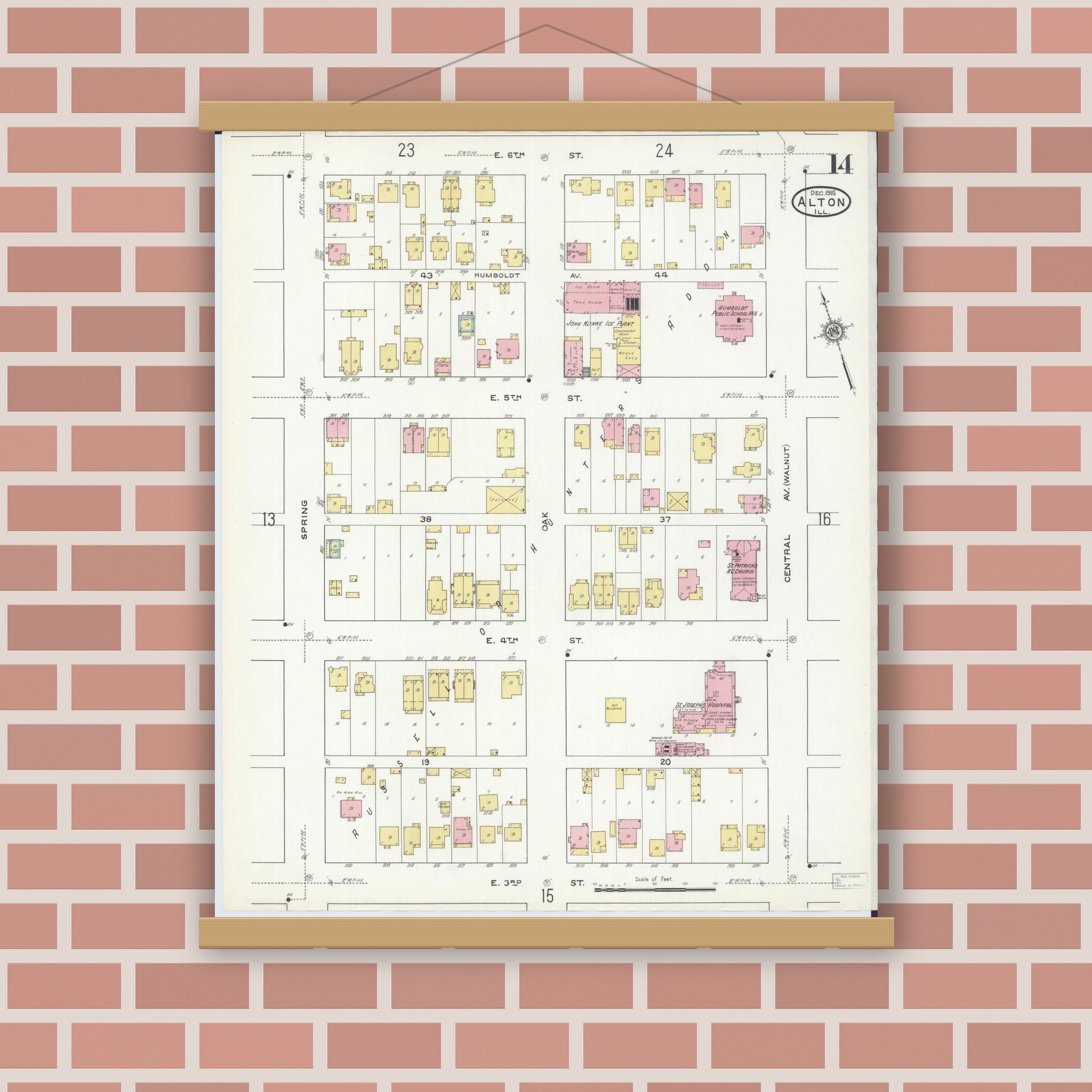 Old map wall art mockup — magnetic wood frame on brick wall — Sanborn Fire Insurance Map from Alton, Madison County, Illinois (1915), Sheet #0014