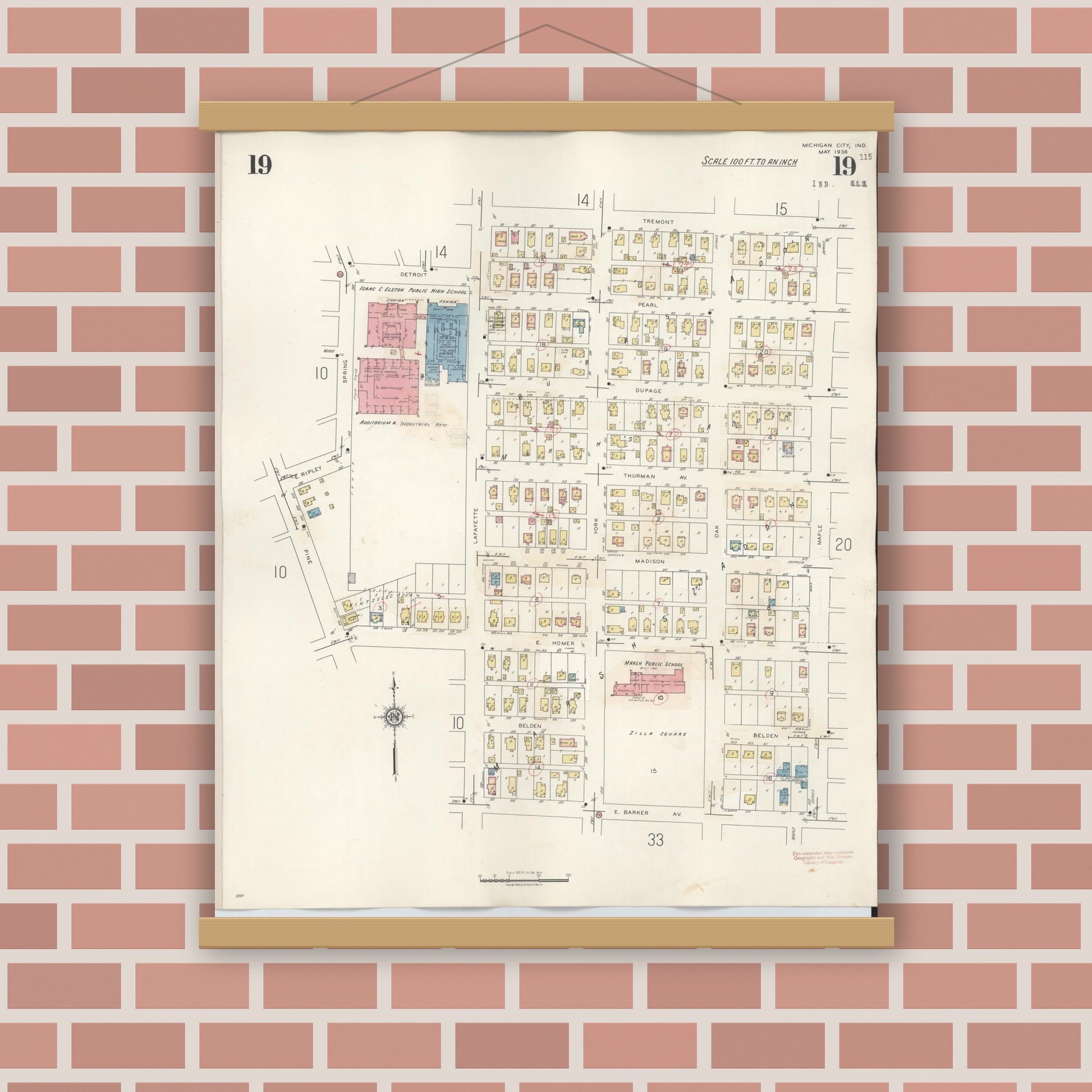 Old map wall art mockup — magnetic wood frame on brick wall — Sanborn Fire Insurance Map from Michigan City, La Porte County, Indiana (1948), Sheet #0019