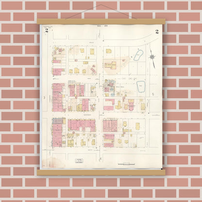 Old map wall art mockup — magnetic wood frame on brick wall — Sanborn Fire Insurance Map from Overton, Rusk County, Texas (1939), Sheet #0002