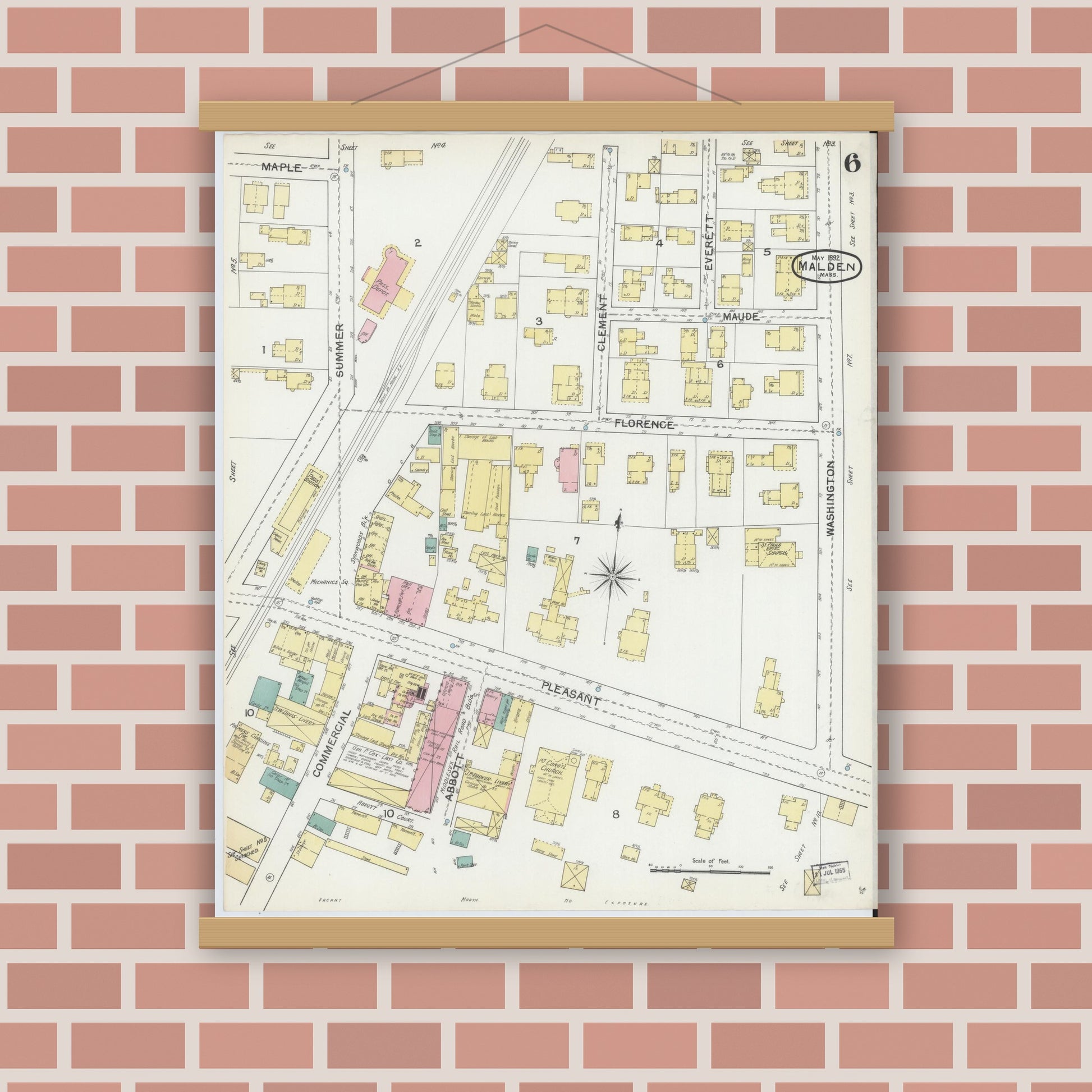 Old map wall art mockup — magnetic wood frame on brick wall — Sanborn Fire Insurance Map from Malden, Middlesex County, Massachusetts (1892), Sheet #0006