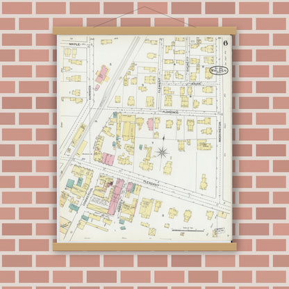 Old map wall art mockup — magnetic wood frame on brick wall — Sanborn Fire Insurance Map from Malden, Middlesex County, Massachusetts (1892), Sheet #0006