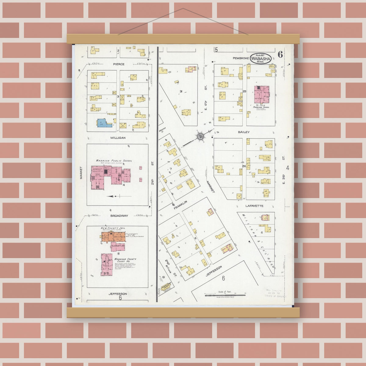 Old map wall art mockup — magnetic wood frame on brick wall — Sanborn Fire Insurance Map from Wabasha, Wabasha County, Minnesota (1917), Sheet #0006