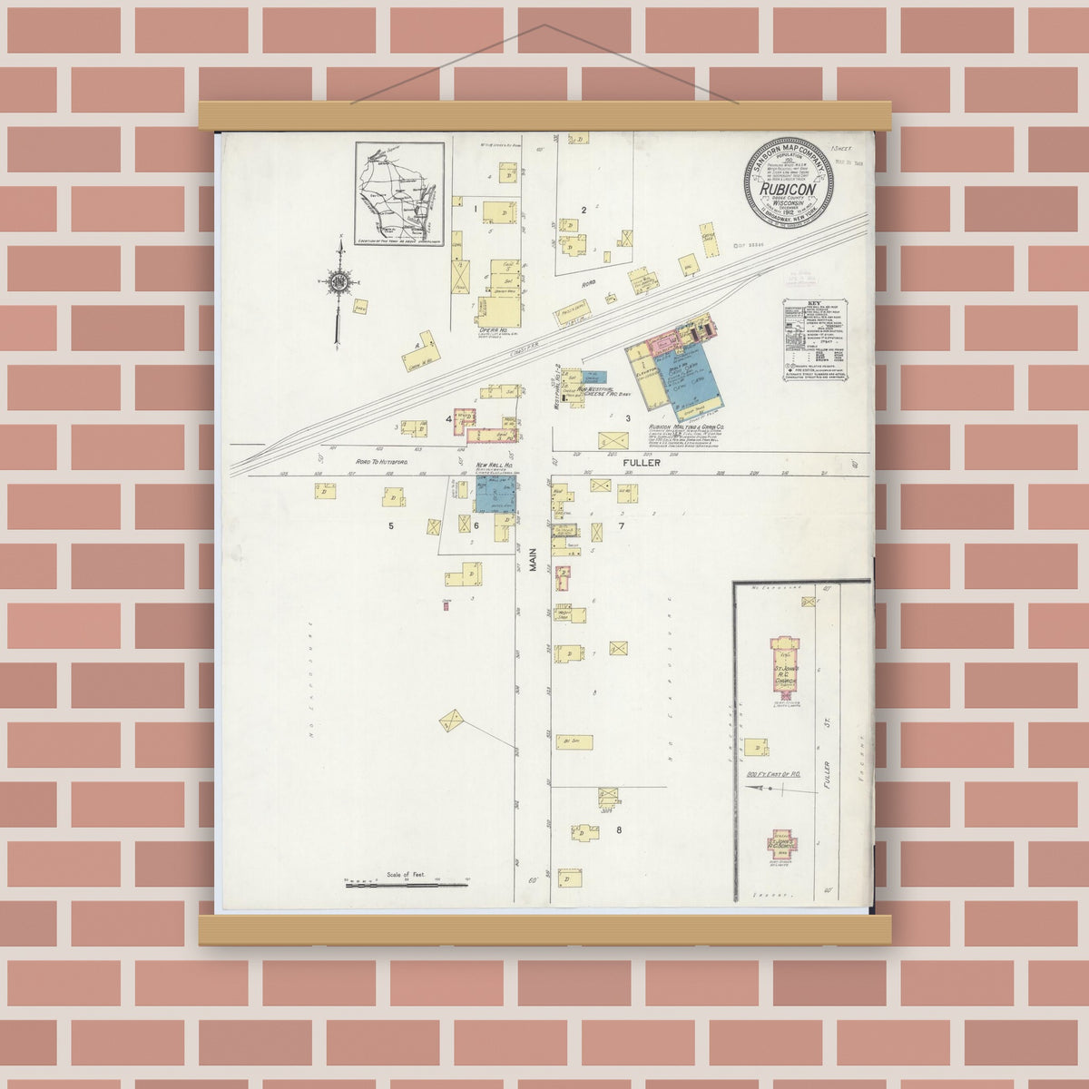Old map wall art mockup — magnetic wood frame on brick wall — Sanborn Fire Insurance Map from Rubicon, Dodge County, Wisconsin (1912), Sheet #0001