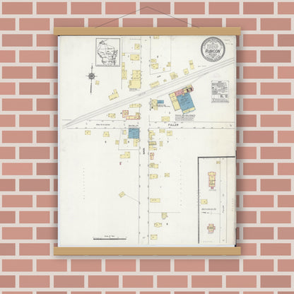 Old map wall art mockup — magnetic wood frame on brick wall — Sanborn Fire Insurance Map from Rubicon, Dodge County, Wisconsin (1912), Sheet #0001