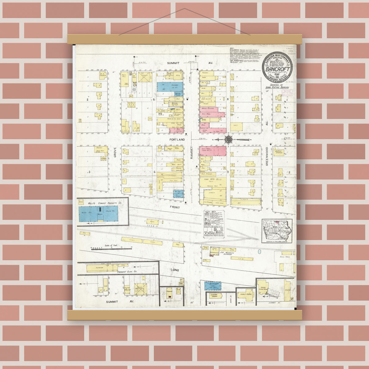 Old map wall art mockup — magnetic wood frame on brick wall — Sanborn Fire Insurance Map from Bancroft, Kossuth County, Iowa (1916), Sheet #0001