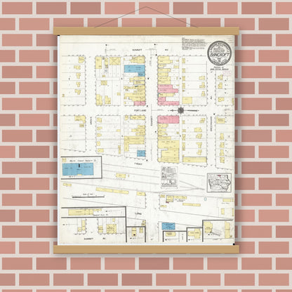 Old map wall art mockup — magnetic wood frame on brick wall — Sanborn Fire Insurance Map from Bancroft, Kossuth County, Iowa (1916), Sheet #0001