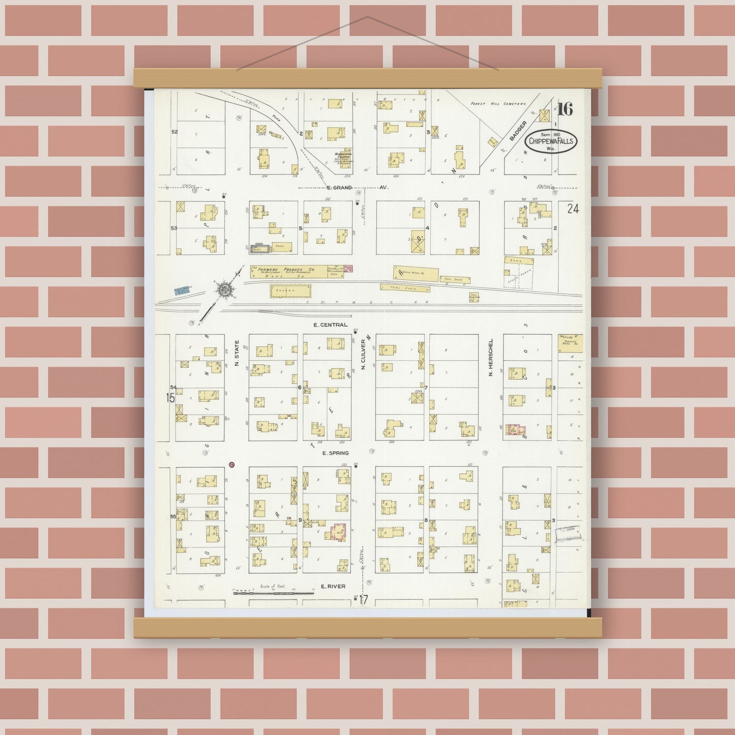 Old map wall art mockup — magnetic wood frame on brick wall — Sanborn Fire Insurance Map from Chippewa Falls, Chippewa County, Wisconsin (1910), Sheet #0016