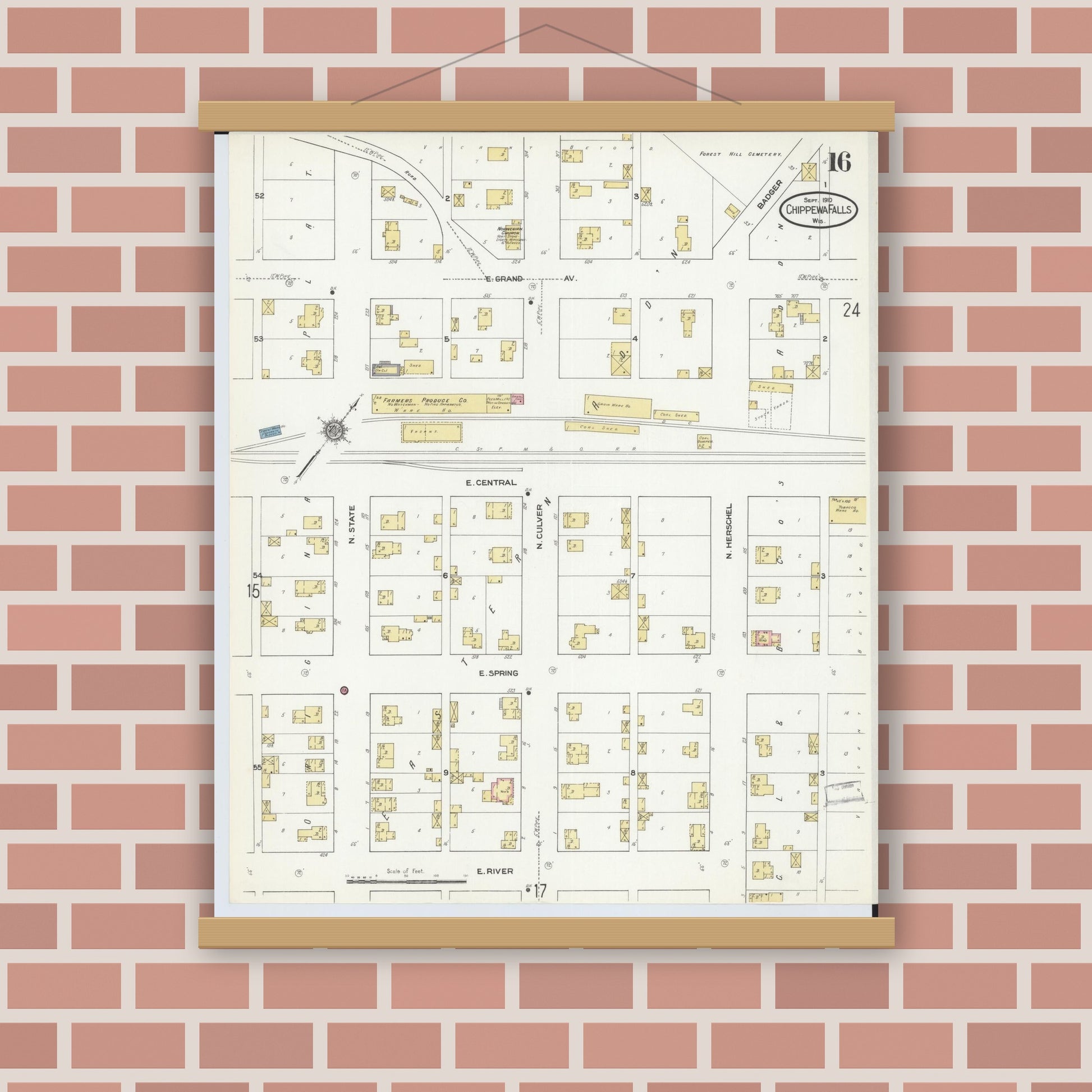 Old map wall art mockup — magnetic wood frame on brick wall — Sanborn Fire Insurance Map from Chippewa Falls, Chippewa County, Wisconsin (1910), Sheet #0016