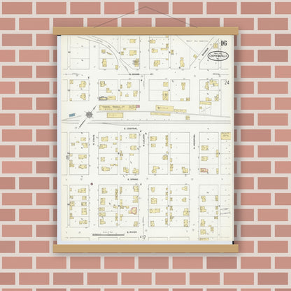 Old map wall art mockup — magnetic wood frame on brick wall — Sanborn Fire Insurance Map from Chippewa Falls, Chippewa County, Wisconsin (1910), Sheet #0016