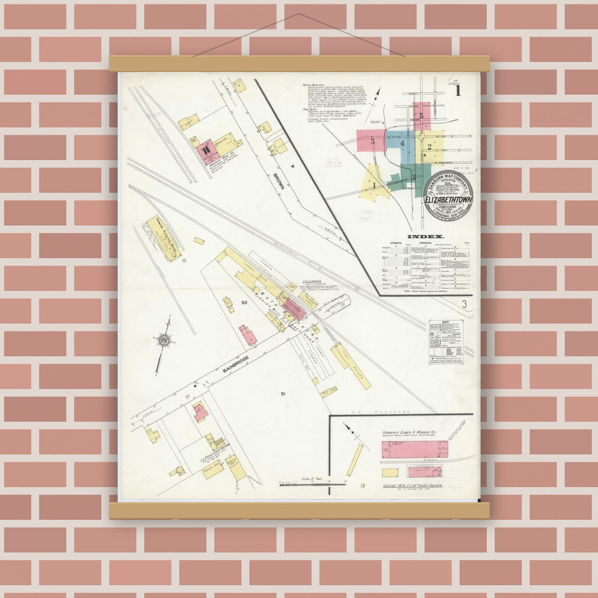 Old map wall art mockup — magnetic wood frame on brick wall — Sanborn Fire Insurance Map from Elizabethtown, Lancaster County, Pennsylvania (1911) - Complete Map Set