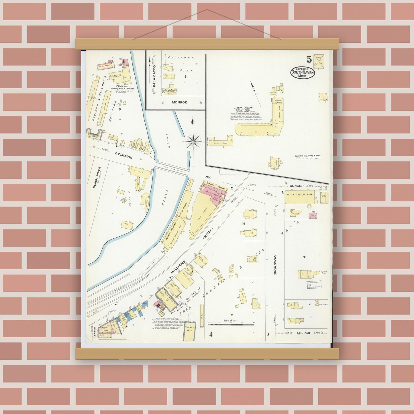 Old map wall art mockup — magnetic wood frame on brick wall — Sanborn Fire Insurance Map from South Haven, Van Buren County, Michigan (1908), Sheet #0005