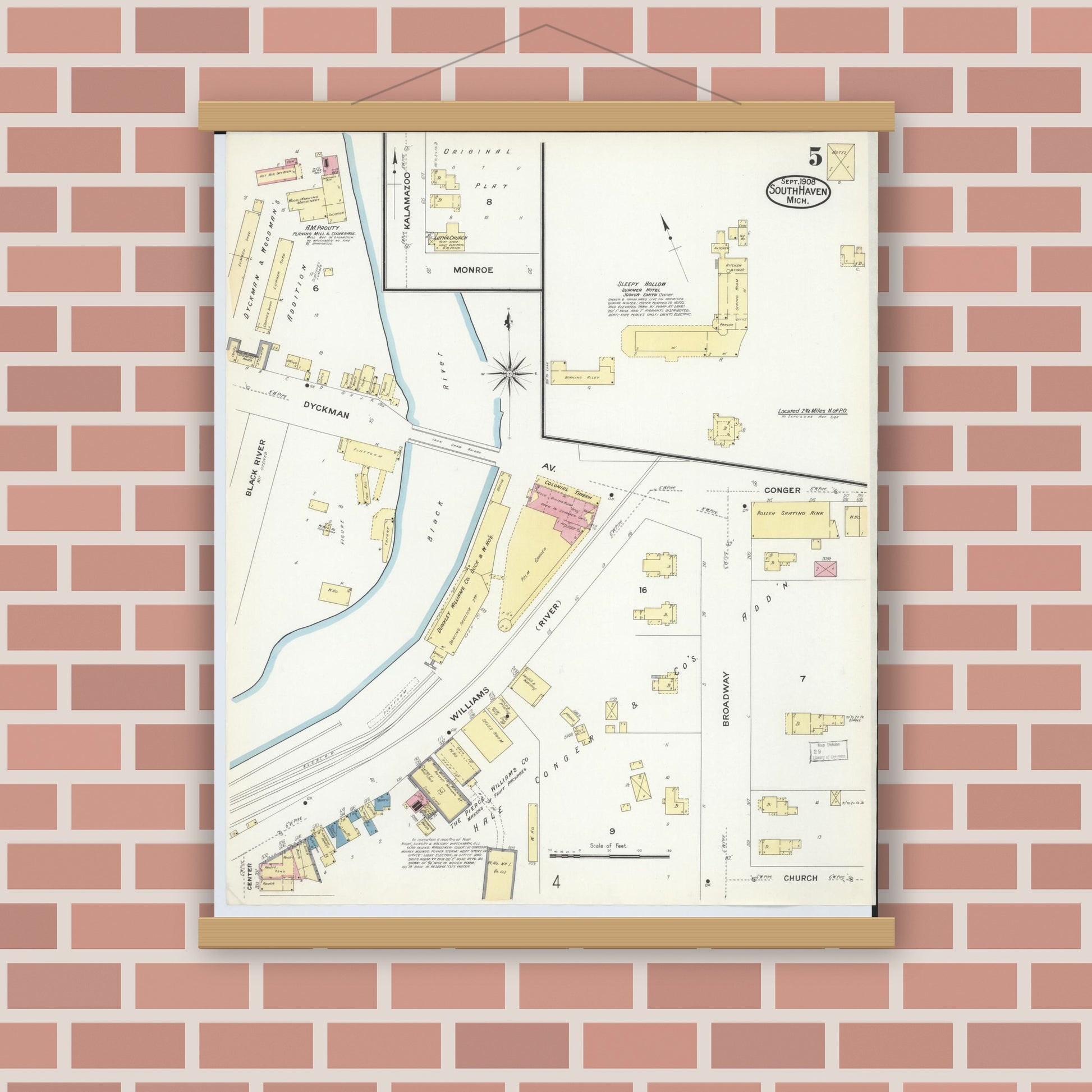 Old map wall art mockup — magnetic wood frame on brick wall — Sanborn Fire Insurance Map from South Haven, Van Buren County, Michigan (1908), Sheet #0005