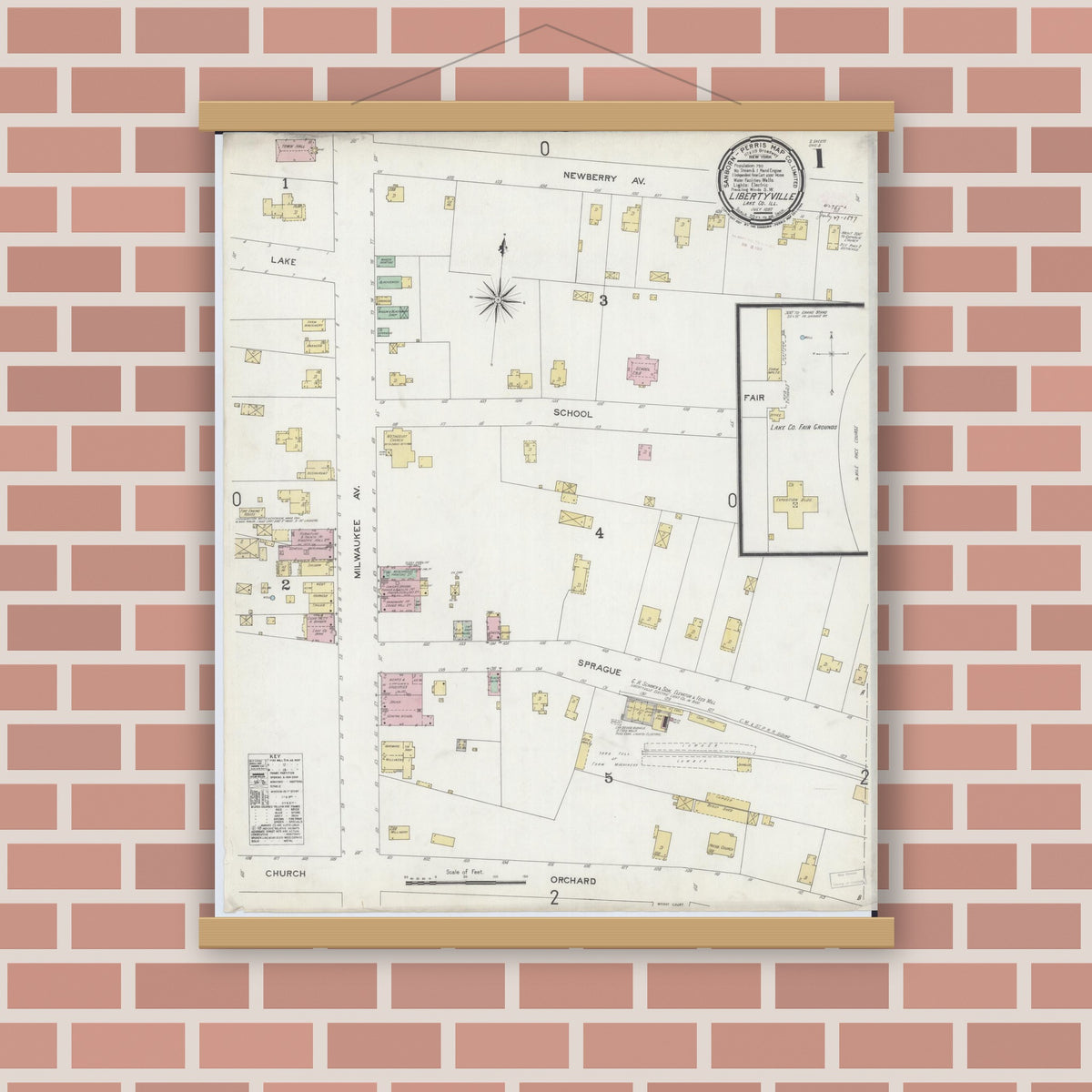 Old map wall art mockup — magnetic wood frame on brick wall — Sanborn Fire Insurance Map from Libertyville, Lake County, Illinois (1897), Sheet #0001