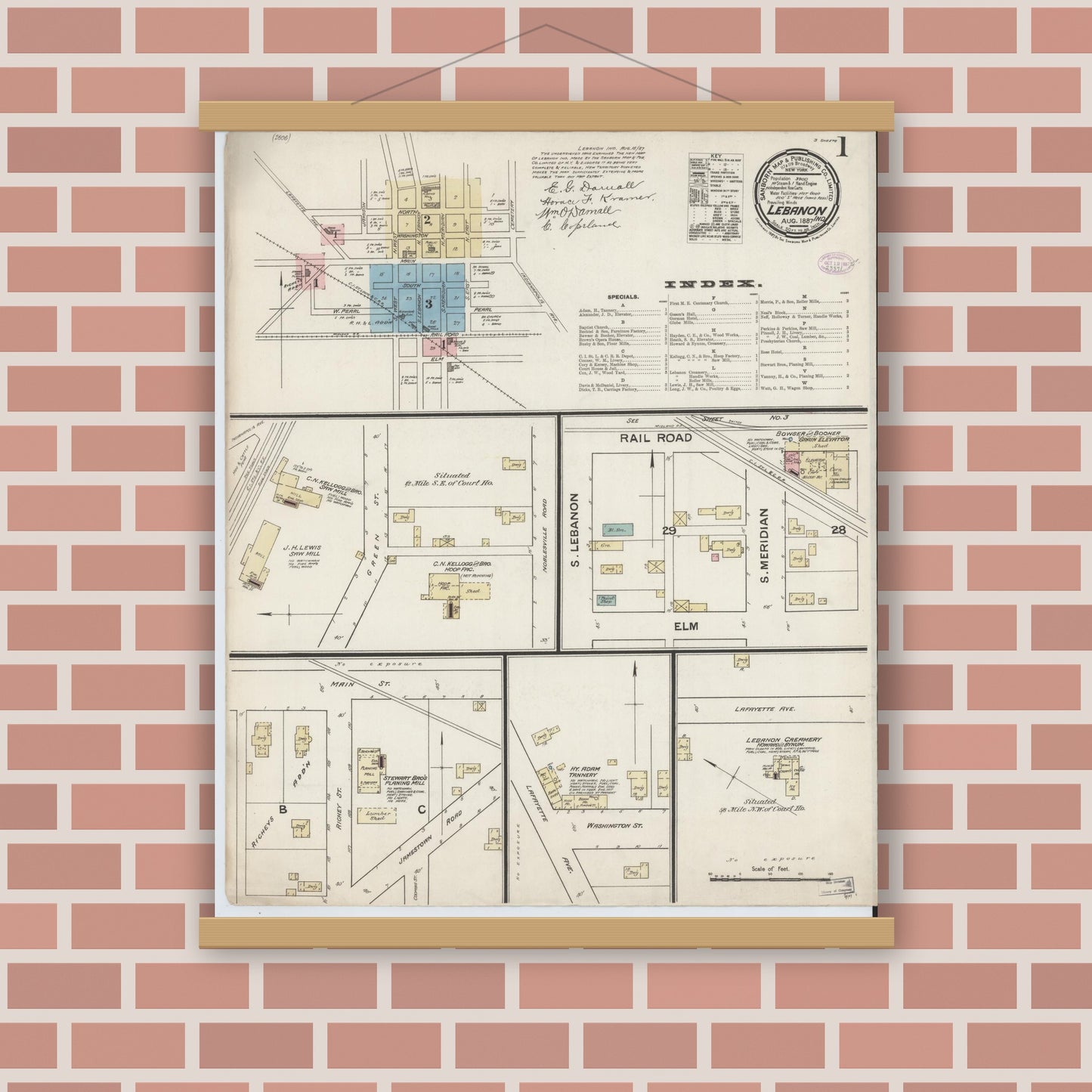 Old map wall art mockup — magnetic wood frame on brick wall — Sanborn Fire Insurance Map from Lebanon, Boone County, Indiana (1887) - Complete Map Set