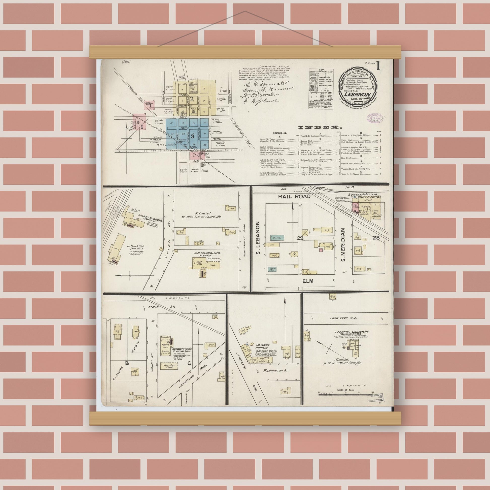 Old map wall art mockup — magnetic wood frame on brick wall — Sanborn Fire Insurance Map from Lebanon, Boone County, Indiana (1887) - Complete Map Set