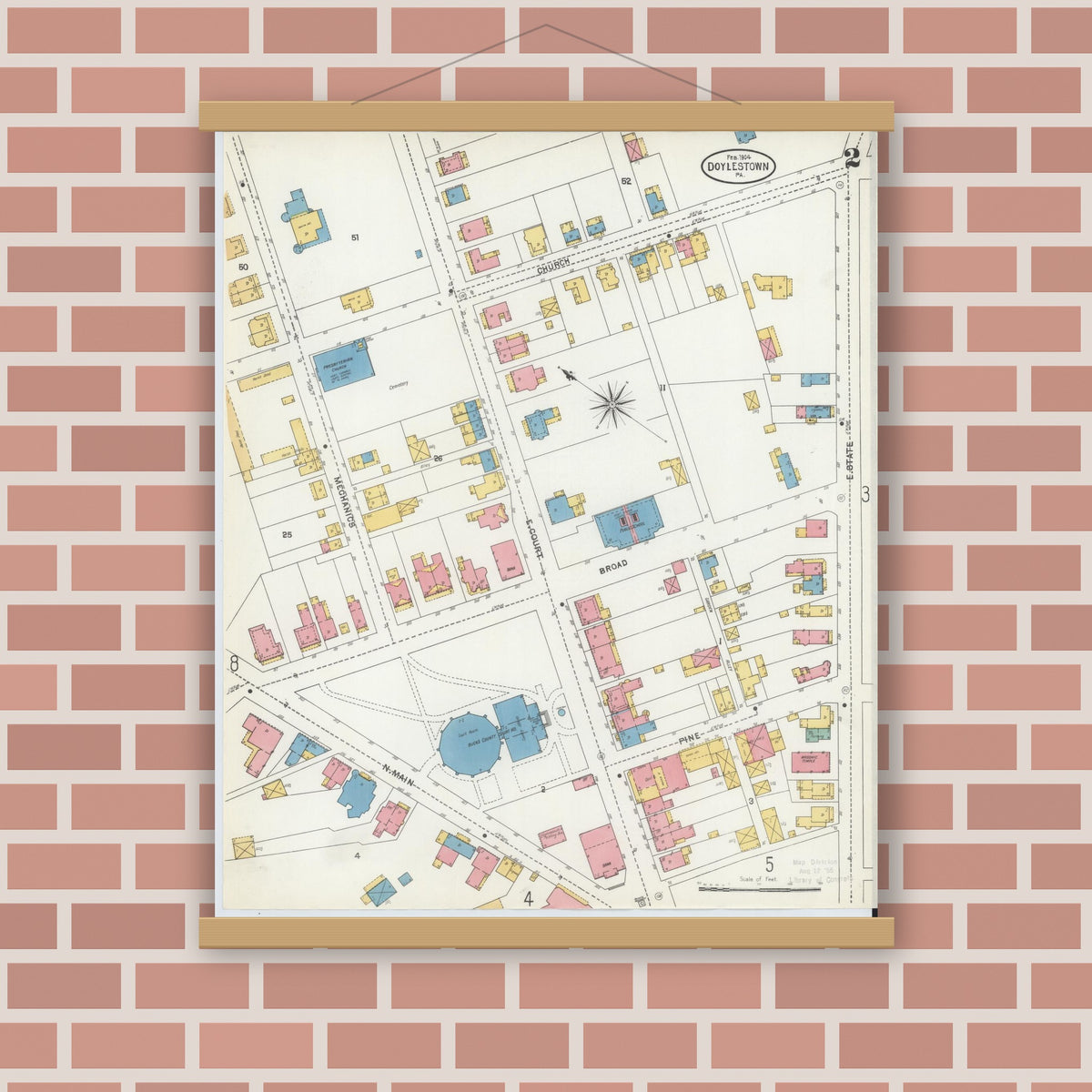 Old map wall art mockup — magnetic wood frame on brick wall — Sanborn Fire Insurance Map from Doylestown, Bucks County, Pennsylvania (1904), Sheet #0002