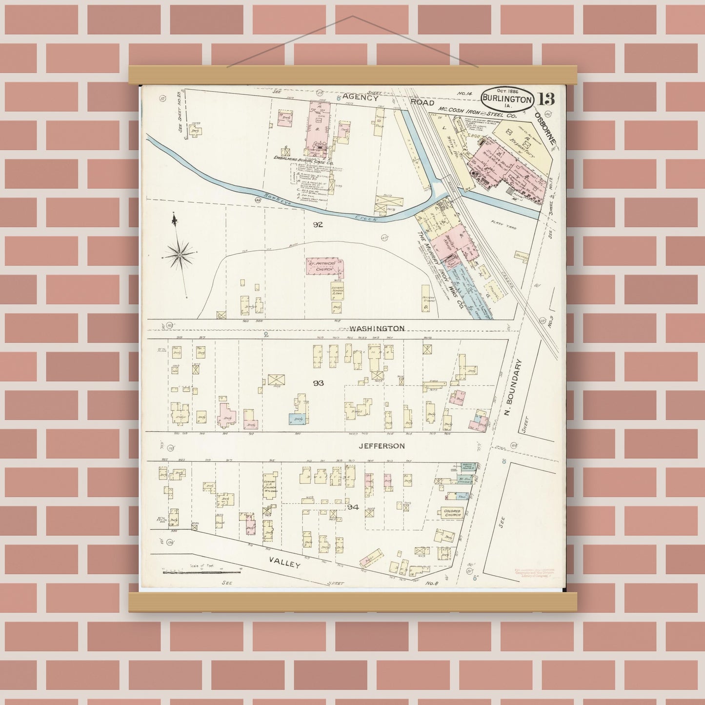Old map wall art mockup — magnetic wood frame on brick wall — Sanborn Fire Insurance Map from Burlington, Des Moines County, Iowa (1888), Sheet #0013