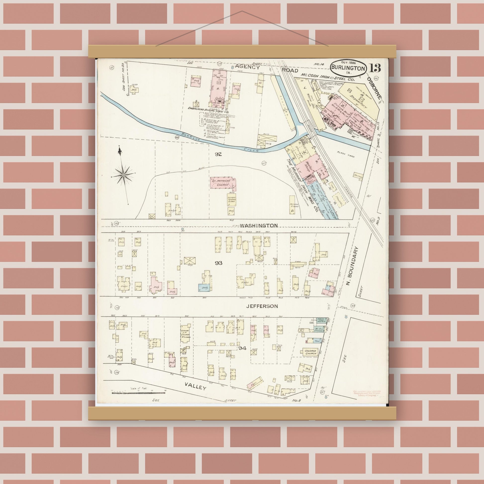 Old map wall art mockup — magnetic wood frame on brick wall — Sanborn Fire Insurance Map from Burlington, Des Moines County, Iowa (1888), Sheet #0013