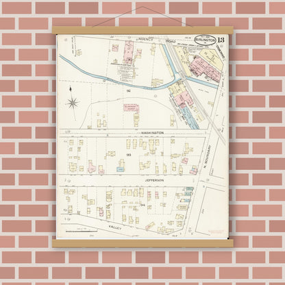 Old map wall art mockup — magnetic wood frame on brick wall — Sanborn Fire Insurance Map from Burlington, Des Moines County, Iowa (1888), Sheet #0013