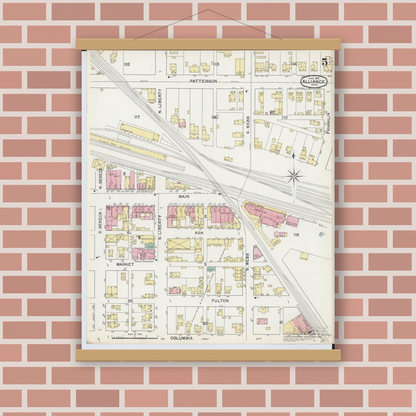 Old map wall art mockup — magnetic wood frame on brick wall — Sanborn Fire Insurance Map from Alliance, Stark County, Ohio (1892), Sheet #0005
