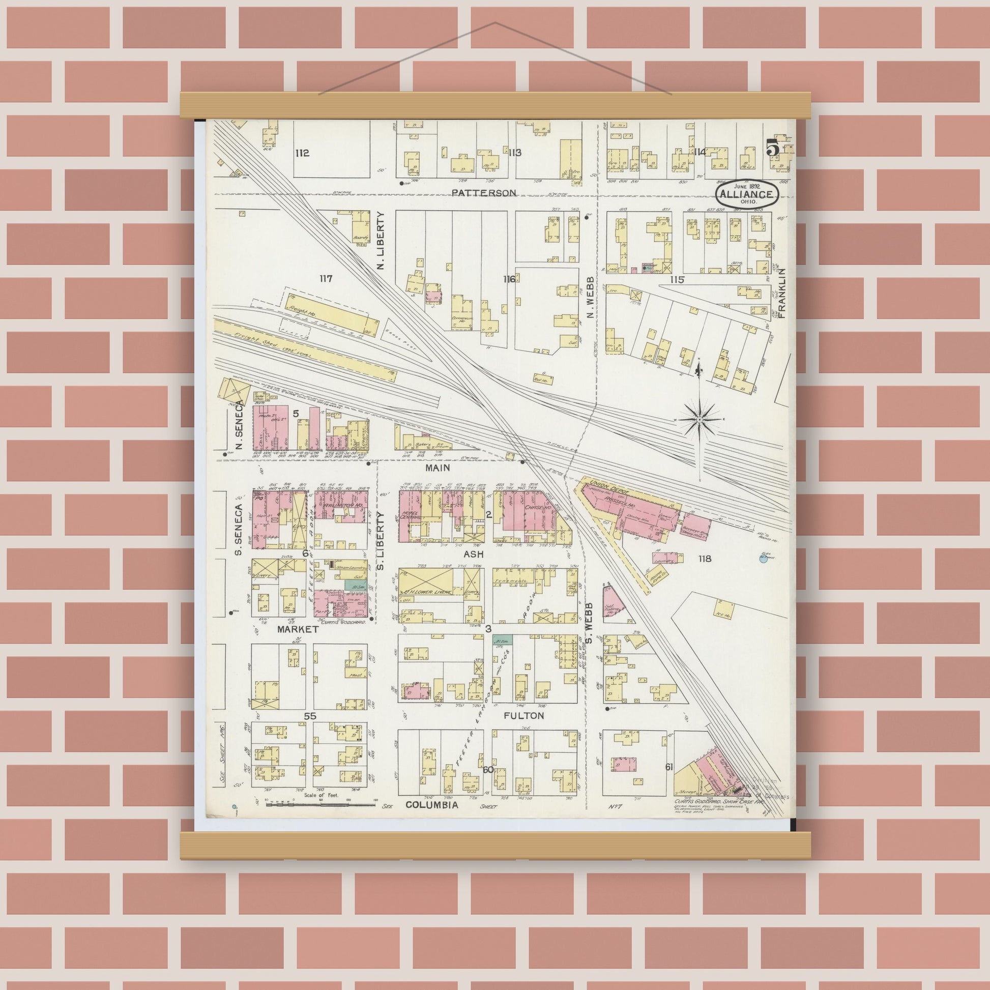 Old map wall art mockup — magnetic wood frame on brick wall — Sanborn Fire Insurance Map from Alliance, Stark County, Ohio (1892), Sheet #0005