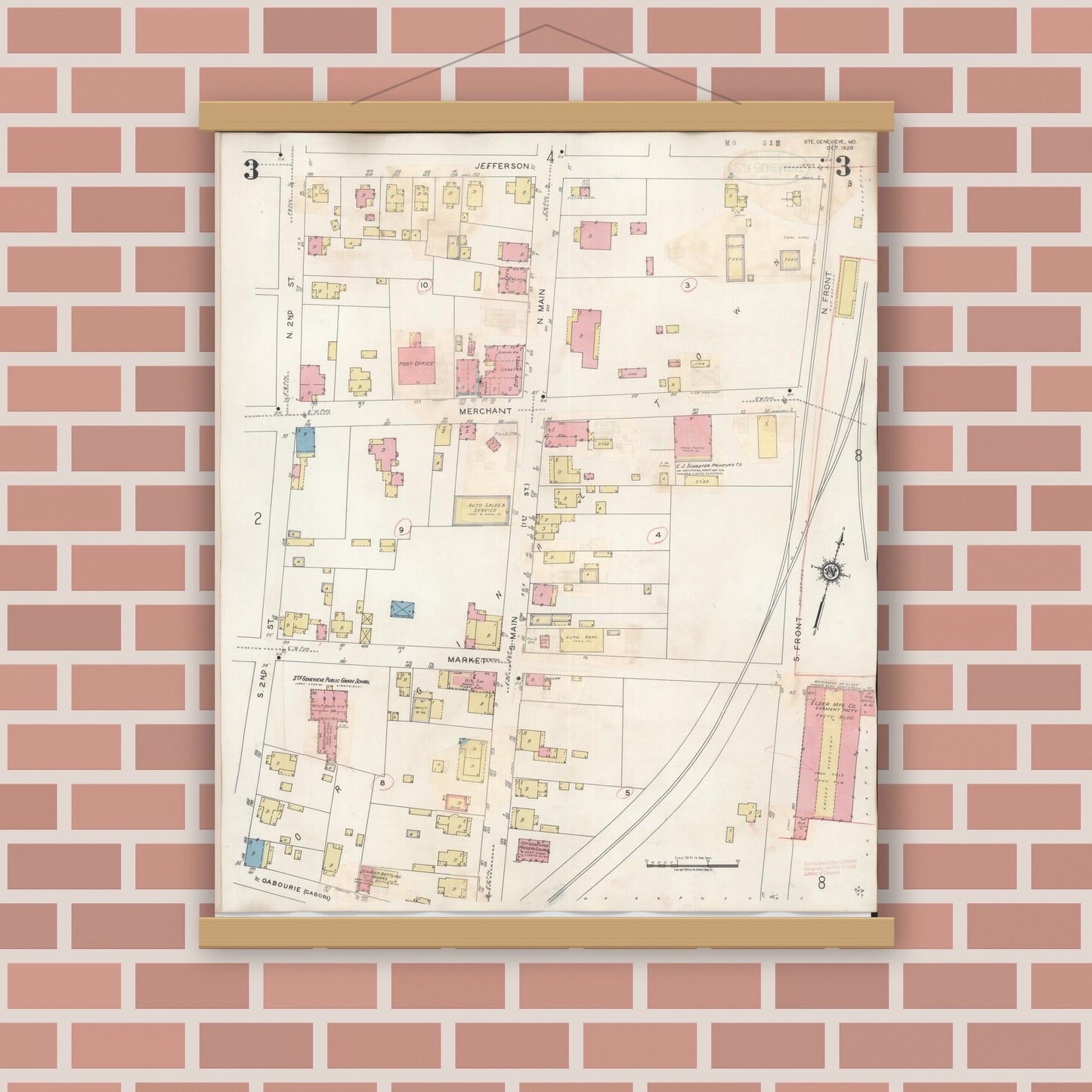 Old map wall art mockup — magnetic wood frame on brick wall — Sanborn Fire Insurance Map from Sainte Genevieve, Saint Genevieve County, Missouri (1945), Sheet #0003