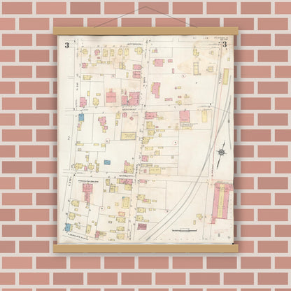 Old map wall art mockup — magnetic wood frame on brick wall — Sanborn Fire Insurance Map from Sainte Genevieve, Saint Genevieve County, Missouri (1945), Sheet #0003