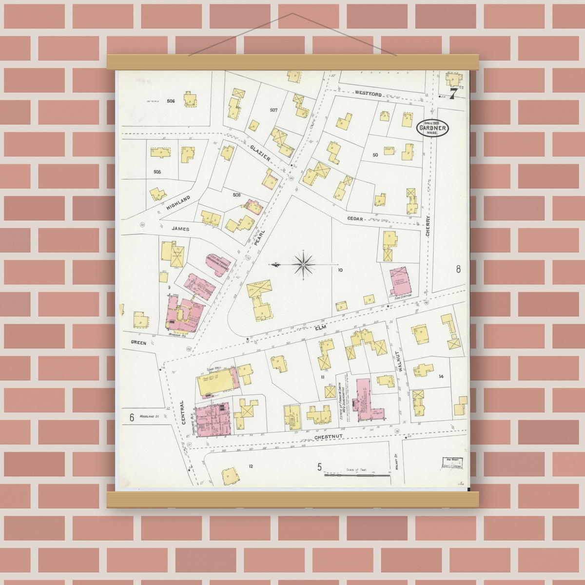 Old map wall art mockup — magnetic wood frame on brick wall — Sanborn Fire Insurance Map from Gardner, Worcester County, Massachusetts (1905), Sheet #0007