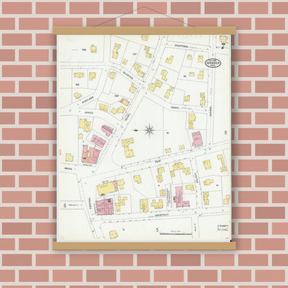 Old map wall art mockup — magnetic wood frame on brick wall — Sanborn Fire Insurance Map from Gardner, Worcester County, Massachusetts (1905), Sheet #0007