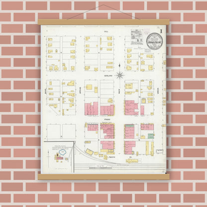 Old map wall art mockup — magnetic wood frame on brick wall — Sanborn Fire Insurance Map from Grand Saline, Van Zandt County, Texas (1904), Sheet #0001